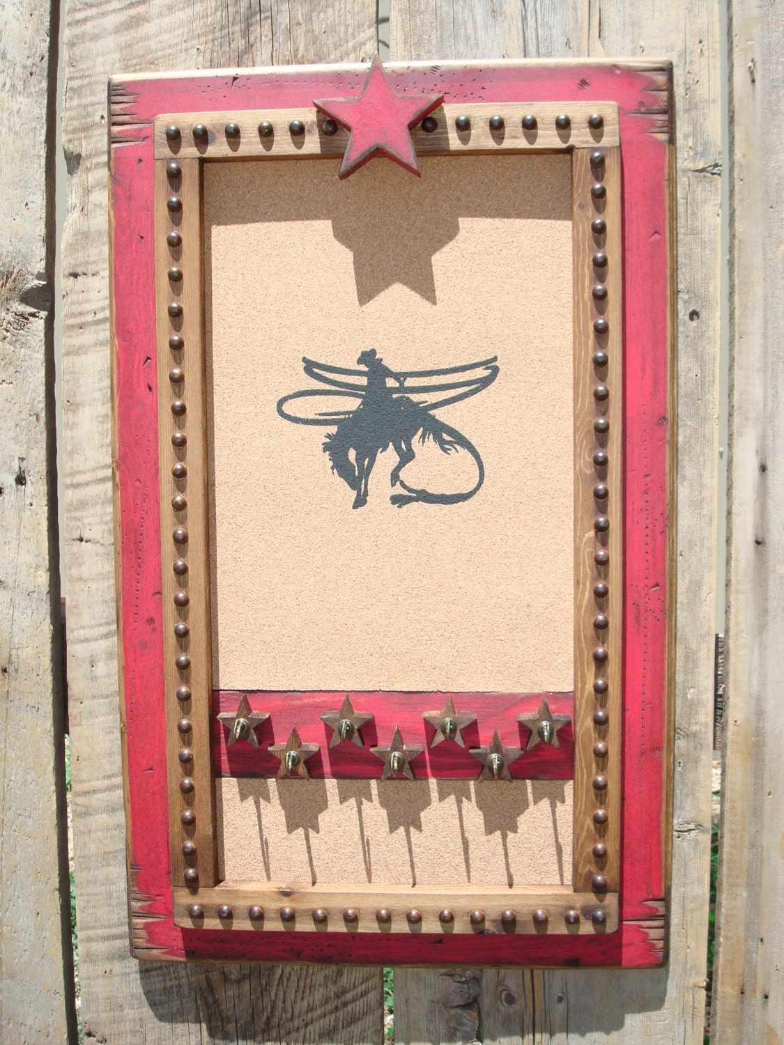 Cork board & key hooks. Rustic wooden frame cork board