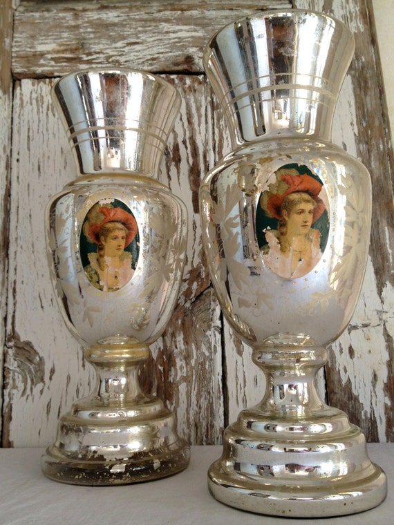 Antique Pair 1900s Mercury Glass Vases Original Paper Image