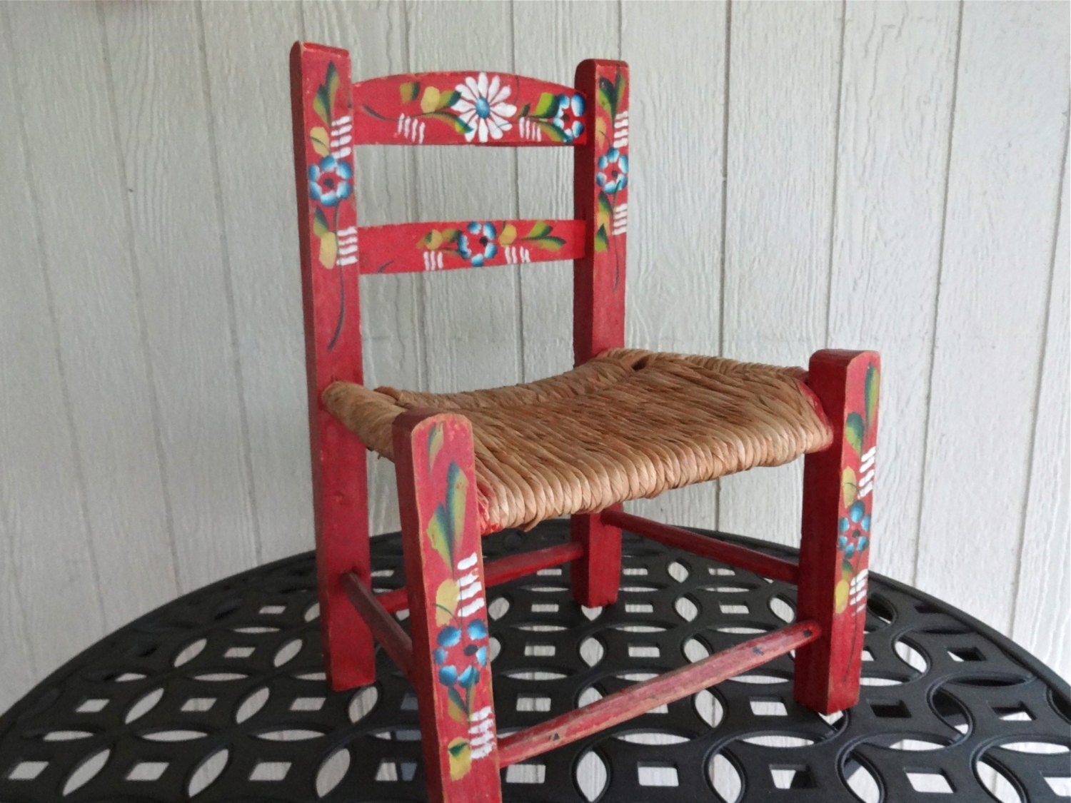 Vintage Wooden Folk Art Mexican Child Chair Rush Straw Seat
