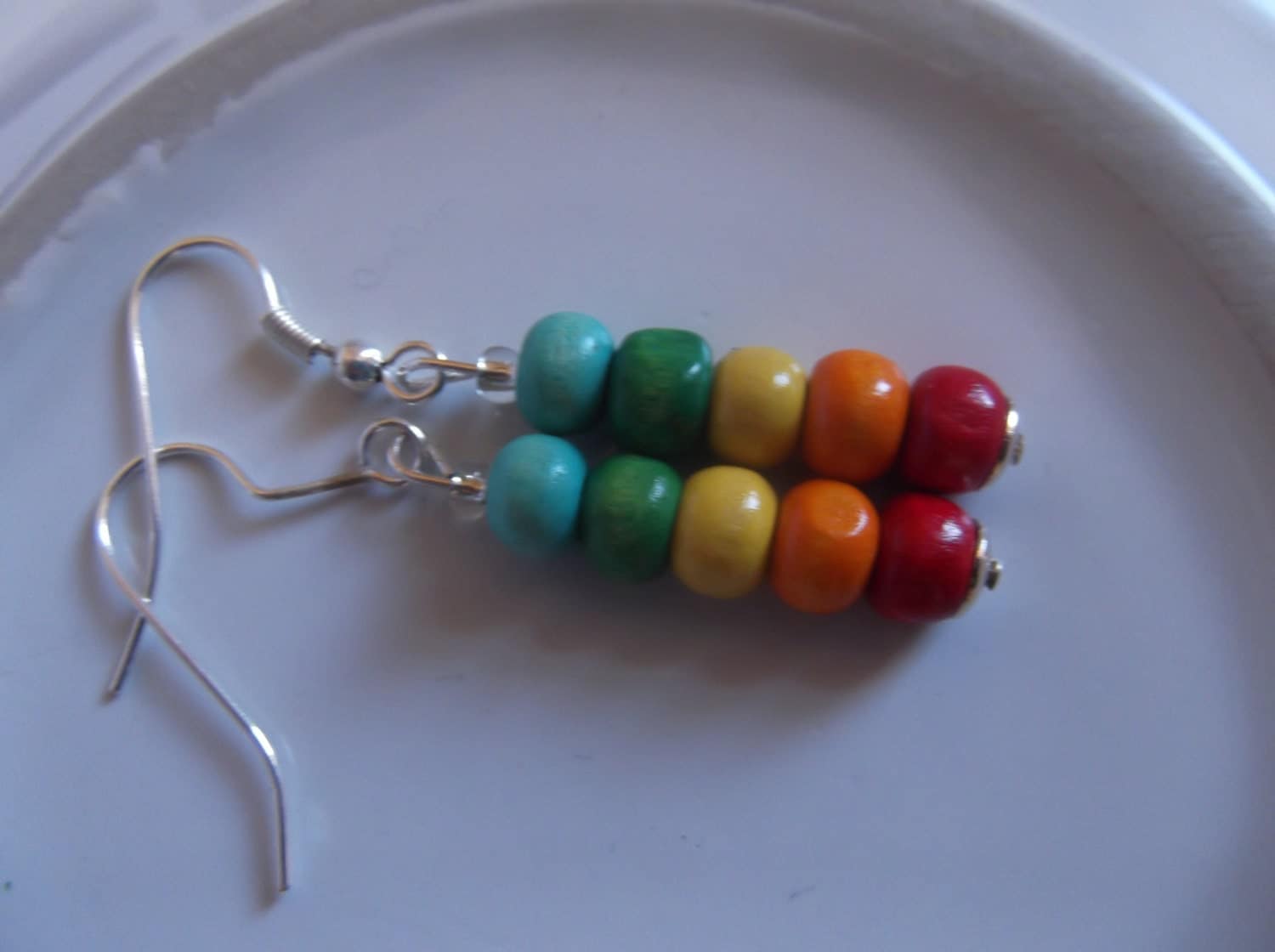 Rainbow wooden bead earrings by DawnRoseCreates on Etsy