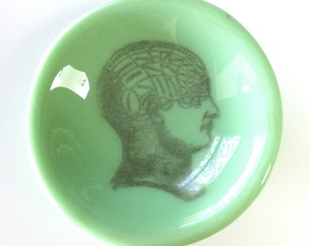 Fused Glass Dishlette with Phrenology Head in Jadite green for Jewelry Rings Keys Nuts Paperclips Candles Soap Spoon rest