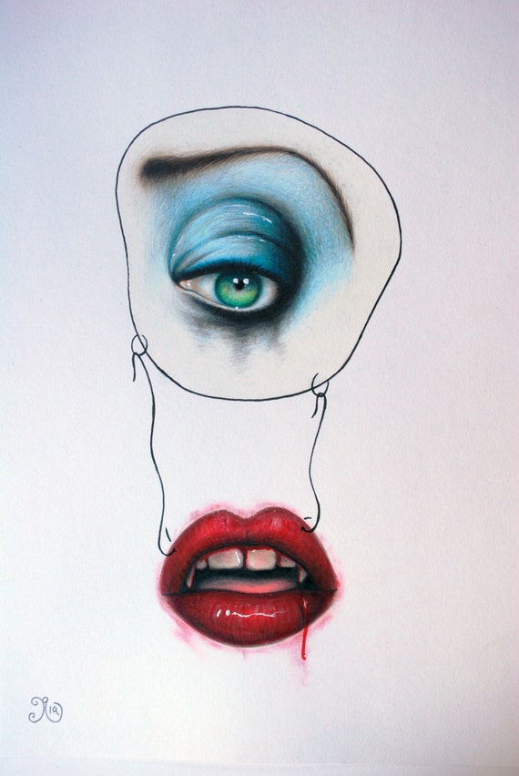 EYE & MOUTH VAMPIRE original coloured pencil drawing A4