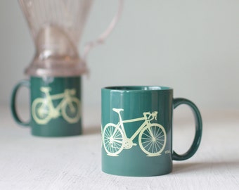 Bike mug - green and yellow - screen printed bicycle coffee cup