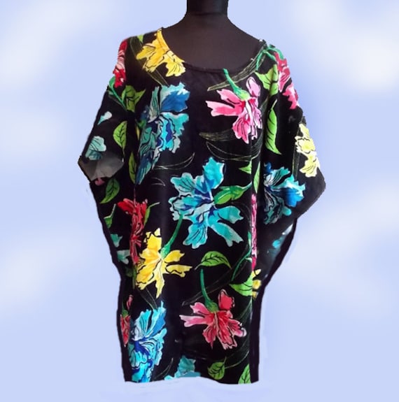 Tropical Flowers Cotton Terry Cloth Caftan Cover Up Oversized
