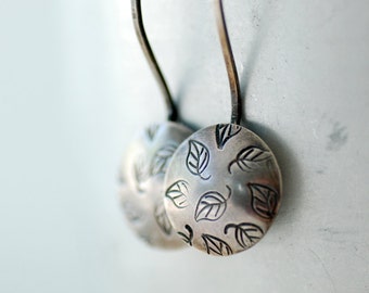 Silver Earrings, Stamped Earrings, Metalwork, Leaf Earrings, Nature Jewelry, Whimsical Earrings, Sterling Silver Disc Earrings