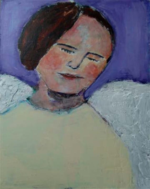 Acrylic Mixed Media Portrait Painting - Angel with Wings, purple, yellow, white