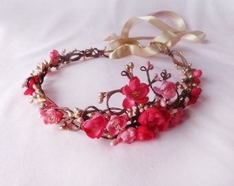 gold pink flower hair accessory, pink flower circlet, bridal flower halo - FILIGREE HALO - gold flower girl accessory, bridal head wreath