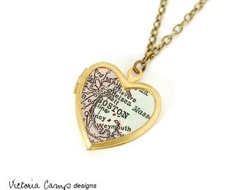 Boston Map Necklace on Small Vintage Heart Locket, Antique Map Jewelry, Massachusetts, New England - Brass or Silver