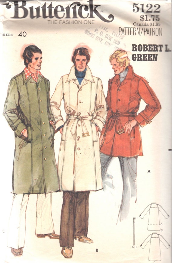 1970s Butterick 5122 Mens Lined TRENCH COAT Pattern 2 by mbchills