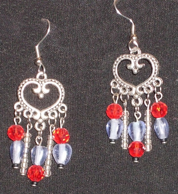 Items similar to Silver Chandelier Red Blue Earrings, Red Czech Rounds ...