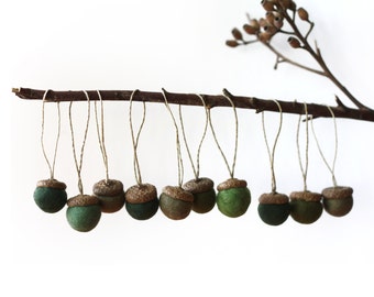 Felted Acorns Ornaments - set of 10 in pine greens