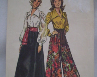 1972 Long Pantskirt or Skirt with Sash and Blouse Pattern, Simplicity 5235, Size 16