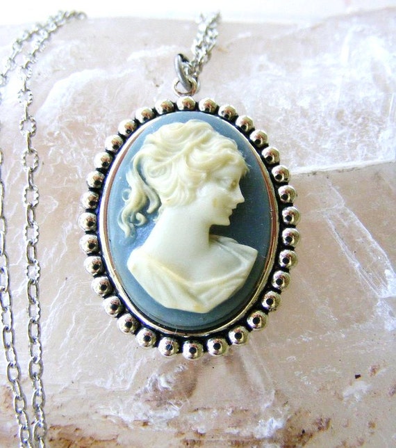 Cameo Pendant in Smoky Blue and Ivory on Antique by meiguidesigns
