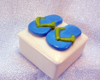 Ceramic Flip Flop Keepsake Box Blue Lime