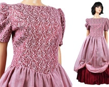 80s Prom Dress Sz L - Vintage Pink Chiffon Satin Lace Long Formal ...