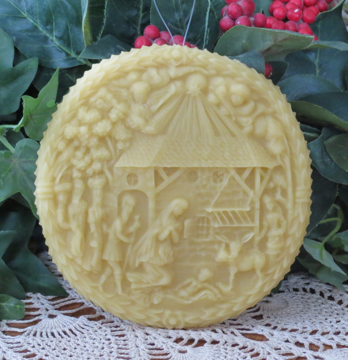Beeswax Springerle Nativity, Manger with Wise Men, Mary, Joseph and Baby Jesus Sun Catcher Ornament
