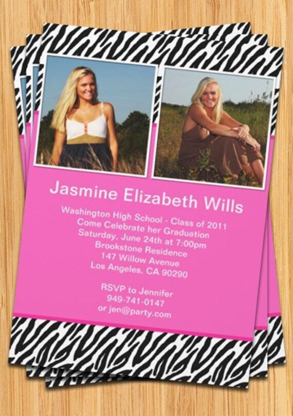 Pink Black Zebra Print Class of 2013 Graduation Card - Print at Home or E-card Il_570xn