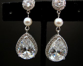 Bridal jewelry wedding jewelry bridal earrings wedding earrings clear white teardrop cubic zirconia round cz post round pearl connectors