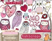 Digital Collage Sheet : Pink Valentine Owls and Hearts - Clip Art Sheets - Printable JPG & PDF - aceo, Collage, Stickers, atc Il_170x135