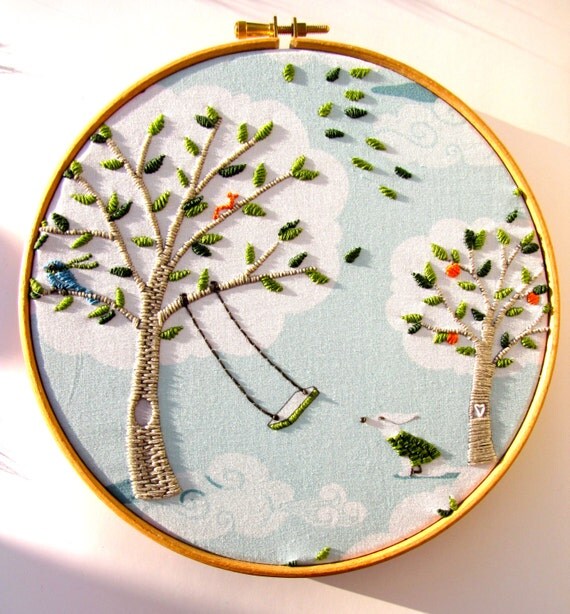 Personalise - Hand Embroidery Hoop Art - Aqua & Green - Windy Day 8 x 8 inch Embroidered Picture - by mirrymirry