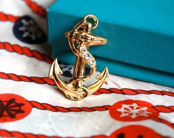 Vintage 1960s Brass SAILOR Anchor and Rope // Rhinestones