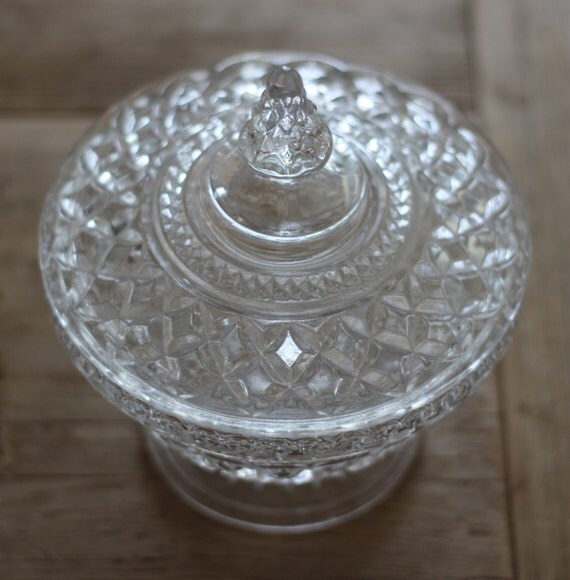 Vintage Clear Pressed Glass Candy Dish with foot and Lid