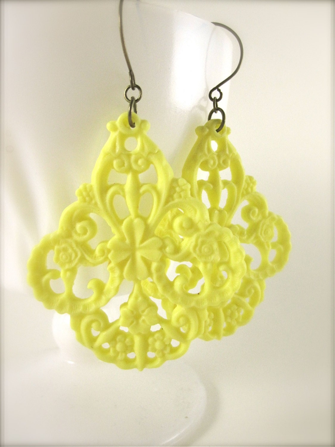 Bright Yellow Earrings Large Yellow Filigree by kbjhandmade