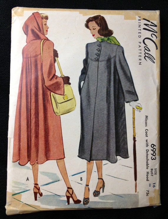 Vintage Pattern McCall 6993 1940s hooded swing coat 1947 Bust