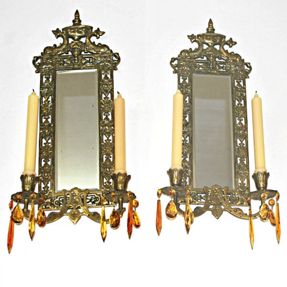 Vintage Pair Wall Mirror Beveled Brass Candle Holder Sconce