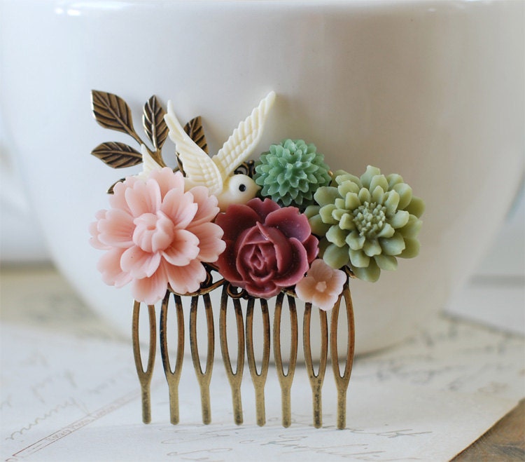 Sage Green and Dusky Pink Flowers Collage Hair Comb. Brass