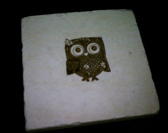 Tile Coasters, Owl, 4" x 4" Tumbled Stone Bird Drink Coasters