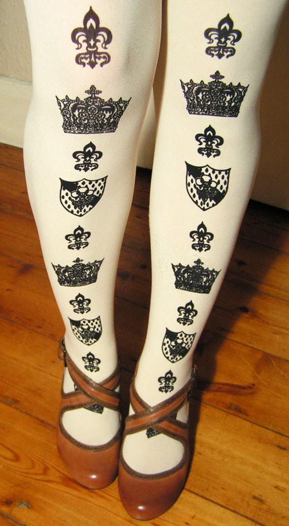 Crown Tattoo Tights Extra Large Plus Size Black on White Royal
