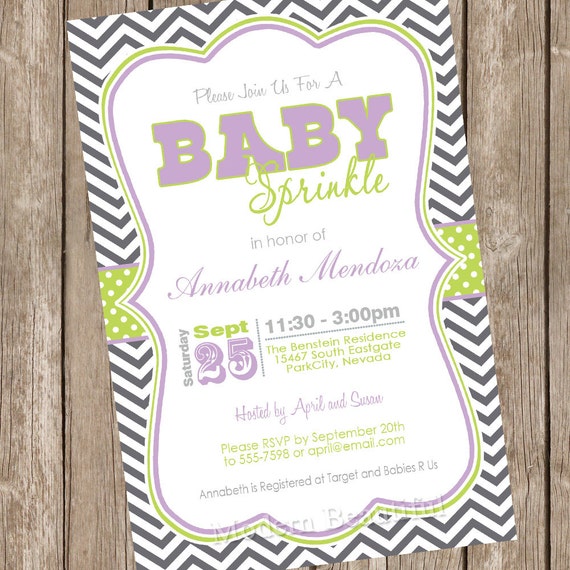 Sprinkle Baby Shower Invitation Purple and Green Chevron printable invitation Il_570xn