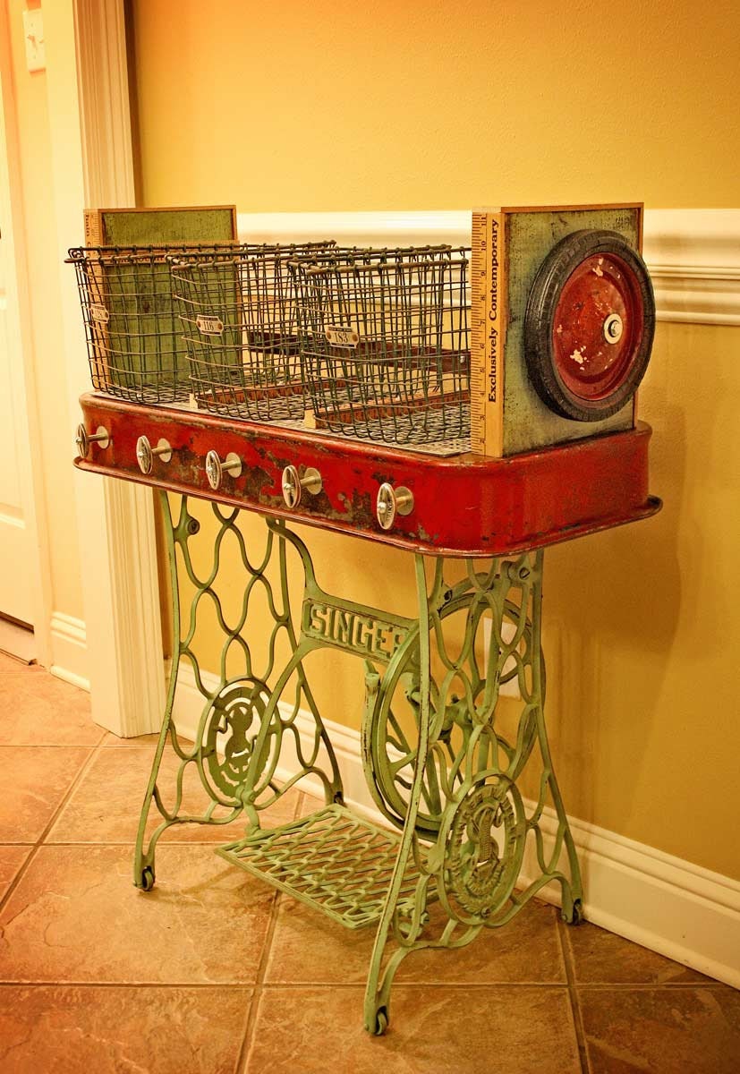 Repurposed Red Rider Wagon Sewing Machine Iron Base Wire Gym