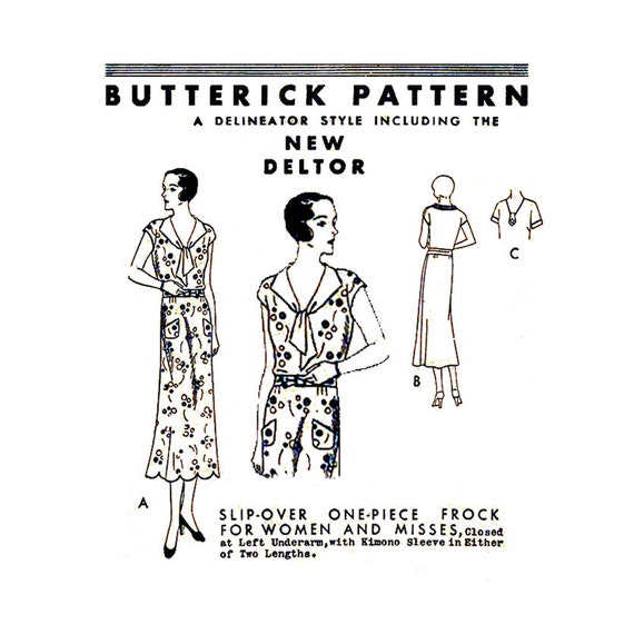 1920s Flapper Era Dress Pattern Butterick 3918 Delineator Bust 40 Womens Vintage Sewing Pattern Pullover Frock Scalloped Hem V Neck