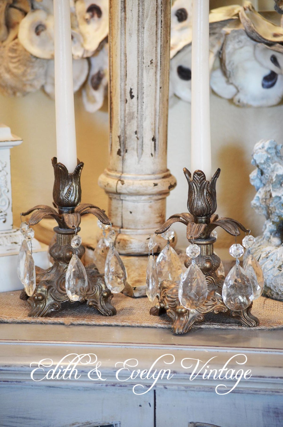 Antique Pr Victorian Candle Holders with Crystal Prisms