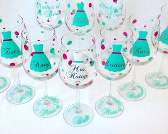 9 bridesmaids glasses, wine glasses with dress, polka dots, name, title and date. Mint and pink. Personalized bridesmaid gift