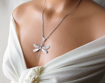 silver dragonfly necklace, bridesmaid gift, long necklace, dragonfly jewelry necklace, antique silver necklace, bug insect animal jewelry