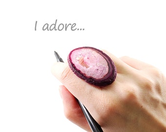 Agate druzy ring sterling silver jewelry, pink agate geode ring, big stone ring, modern jewelry pink stone ring statement ring adjustable