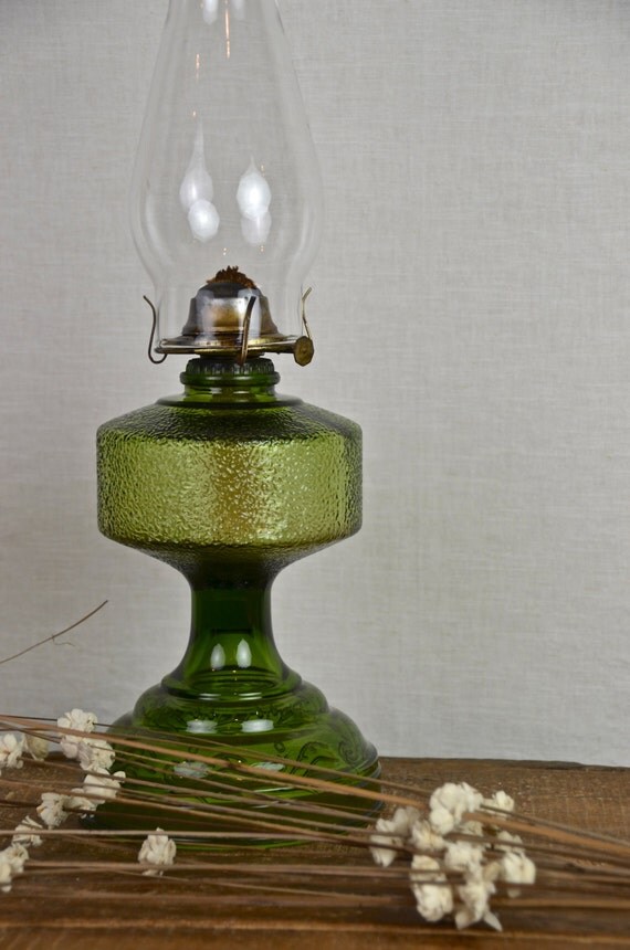 Olive Green Vintage Glass Oil Hurricane Lamp