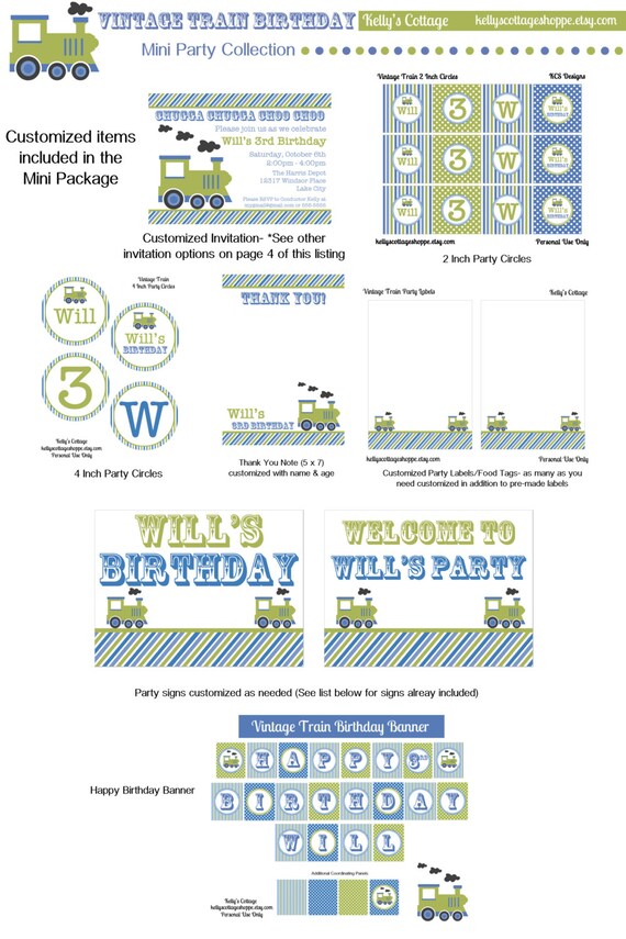 Vintage Train Birthday Party Mini Package...Custom, Printable DIY Package Il_570xn