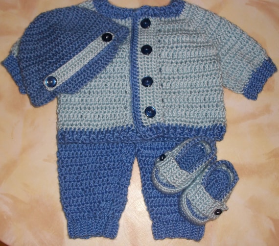 Crochet Baby Boy Sweater Set Layette by MADEWITHLOVEBYSUZIEQ