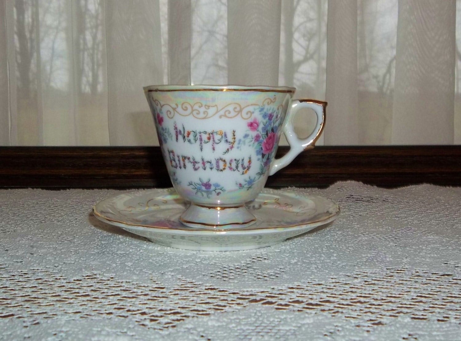 Happy BIrthday Teacup Tea Cup and Saucer Rose Floral Bouquet