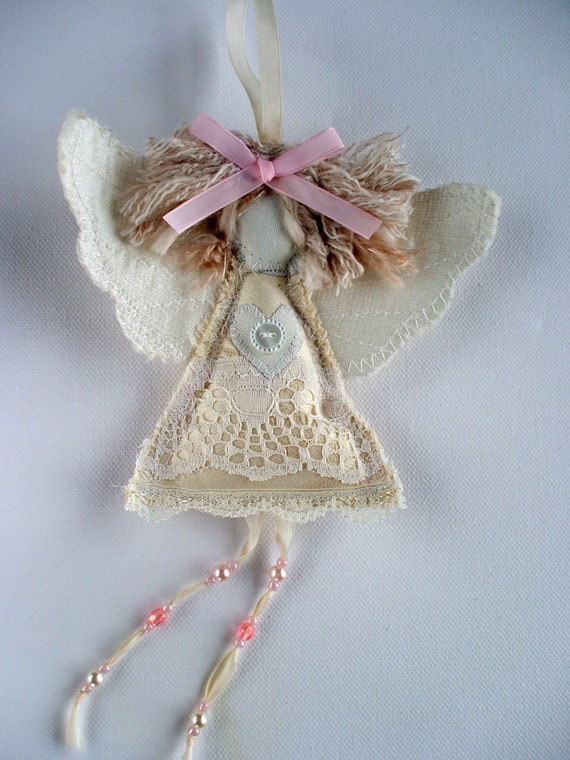 Shabby Chic Handmade Christmas Angel. Fabric Angel Ornament. Fabric