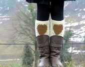 Winter Boot Cuffs,ivory brown Short Heart Knit Boot Cuffs. Love Heart Short Leg Warmers. Crochet heart Boot Cuffs. Legwear ivory brown