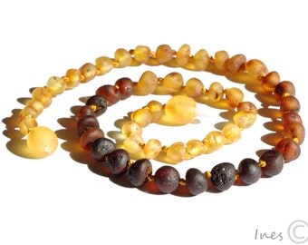 Raw Unpolished Baltic Amber Baby Teething Necklace Rounded Rainbow Color Beads