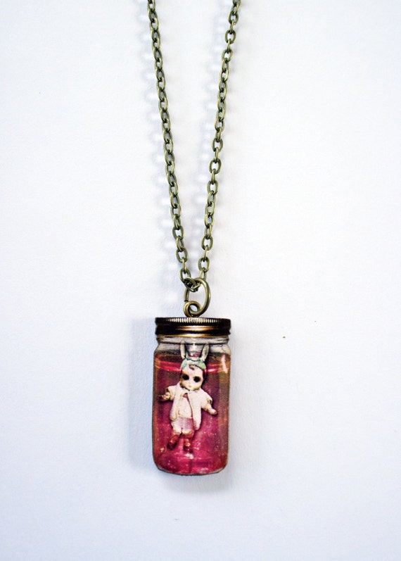 Zombie Bunny Ear Baby Doll in a Jar Necklace