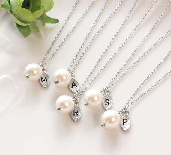 gifts Leaf  gifts   bridesmaid Pearl 6 necklace, initial  necklace pearl Bridesmaid Set of