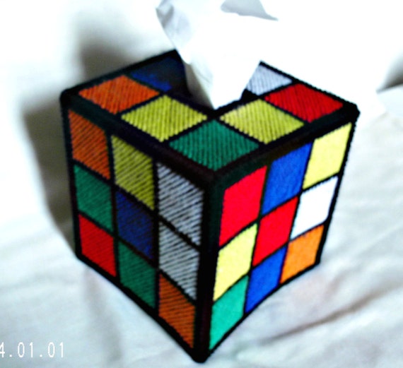 Items similar to FINISHED Rubiks Cube Tissue Box Cover Plastic Canvas Kleenex Cover Cozy on Etsy
