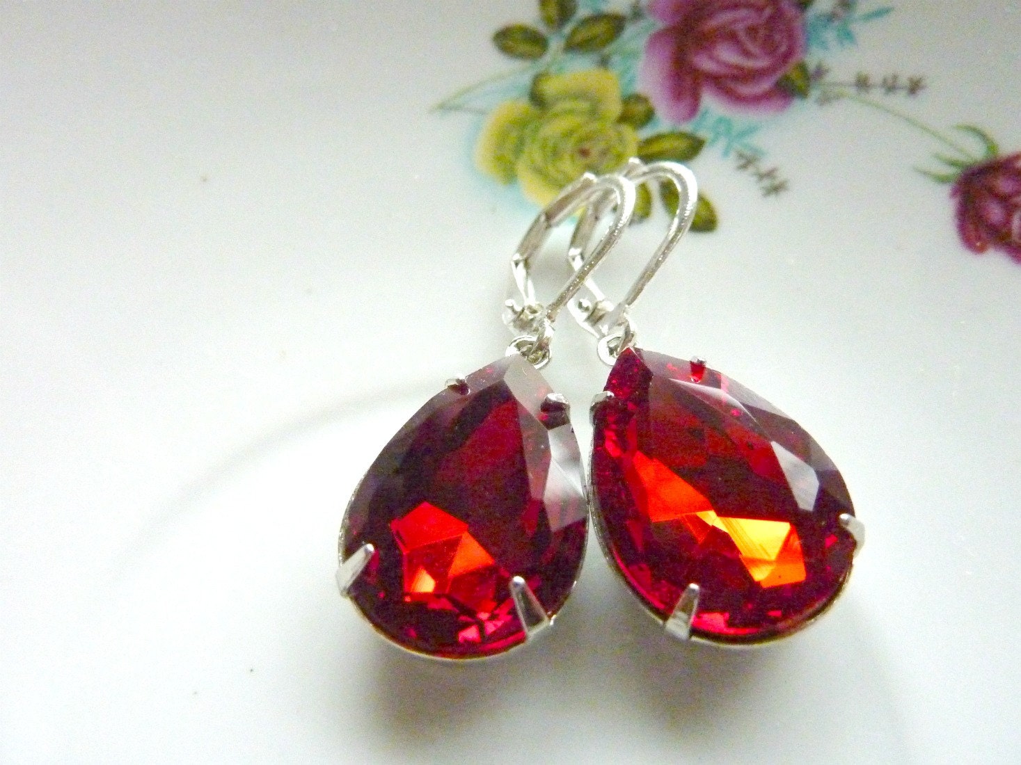 Ruby Red Earrings Teardrop Drop Vintage Estate Style Earrings